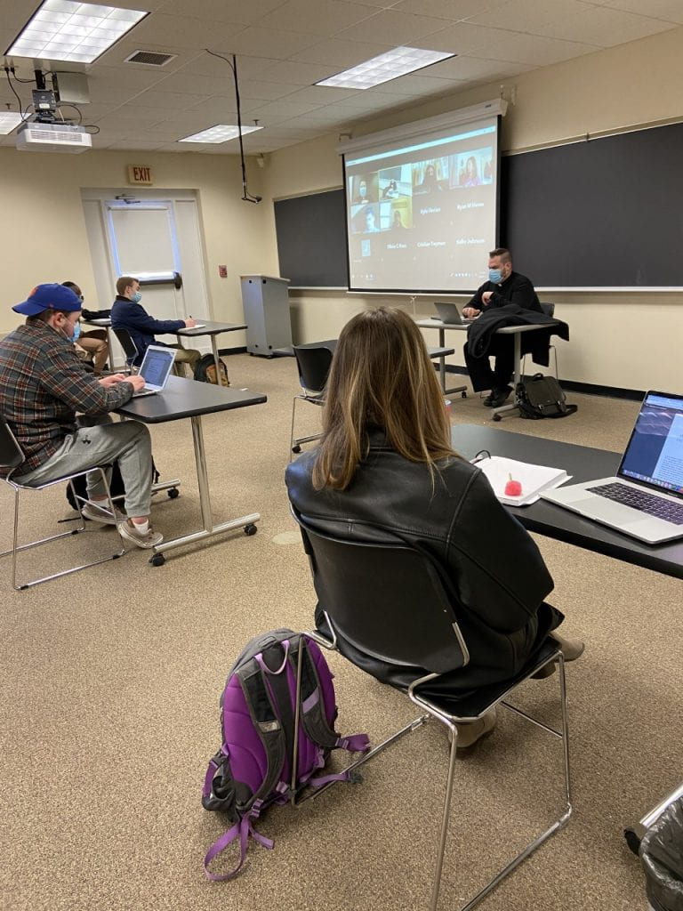 Assistant Professor Christopher Justin Brophy O.P. with his students in PSC 343: Contemporary Political Theory class.